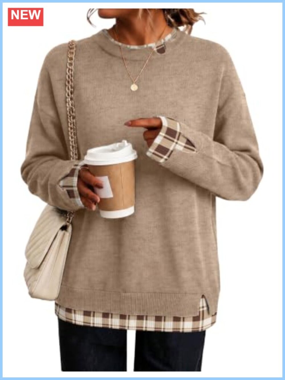 Faux Layered Sweater Crew Neck Long Sleeve Pullover 50% Viscose Loose Fit